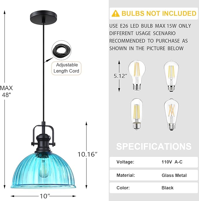 Leading Lighting 1 Light Pendant Light Hanging Modern Farmhouse Indoor Fixture 10" Blue Textured Glass Black Finish Dinning Over Sink Kitchen Island