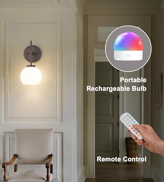 Oil Rubbed Bronze Wireless Rechargeable Wall Sconces Set of 2, Battery Operated Wall Lights with Remote Control, LED Dimmable Wall Lamp with Opal White Glass Shade, 12 Colors RGB & 3 CCT Bulb