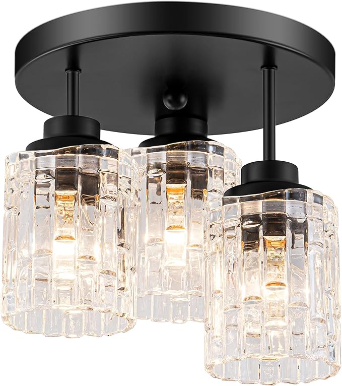 3-Lights Semi Flush Mount Ceiling Light Fixture,Matte Black Kitchen Ceiling Light with Glass Shades,Hallway Light Fixtures Ceiling Mount for Foyer Entryway Bathroom