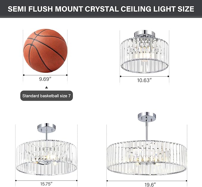 Crystal Chrome Semi Flush Mount Ceiling Light Modern Hallway Light Fixture Metal Close to Lamp for Kitchen Living Room Bathroom Entryway Bedroom(19.68 inch)
