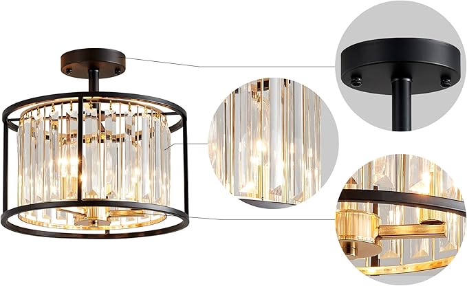 AGV LIGHTING CL005BB K9 Crystal Semi Flush Mount Ceiling Light Fixture, Modern Design, E12 Base 3-Lights, D13 x H15, Shinny Gold & Matte Black Finish Metal Frame