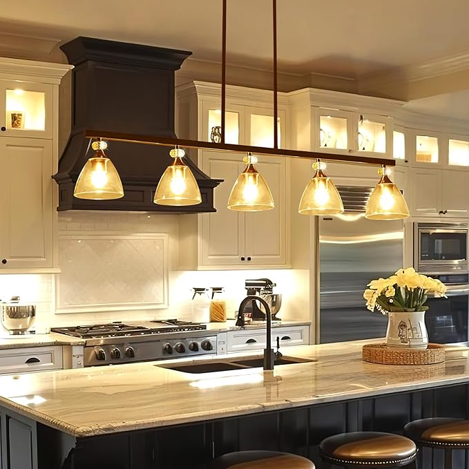 5-Light Gold Finish Kitchen Island Pendant Lighting with Clear Glass Shades for Dining Table, Kitchen Island, Living Room