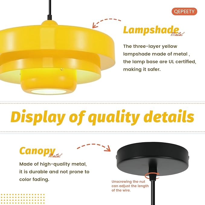 Mid Century Yellow Flush Mount Pendant Light, 3-Layer Metal Industrial Chandelier for Kitchen Island, Dining Room, Foyer, Retro Vintage Ceiling Light Fixture