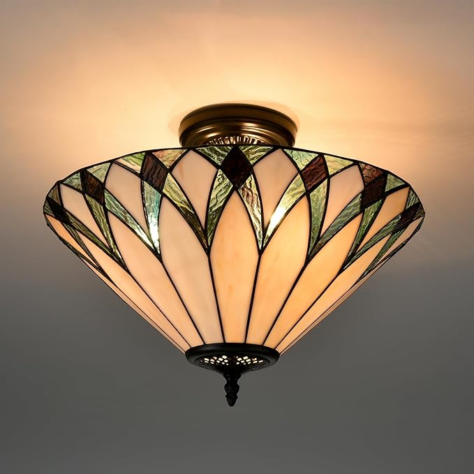 Tiffany Semi Flush Mount Ceiling Light 16.1-Inch 3-Light Mission Style Stained Glass Light Fixtures Ceiling Mount for Hallway Kitchen Bedroom Foyer Dining Living Room