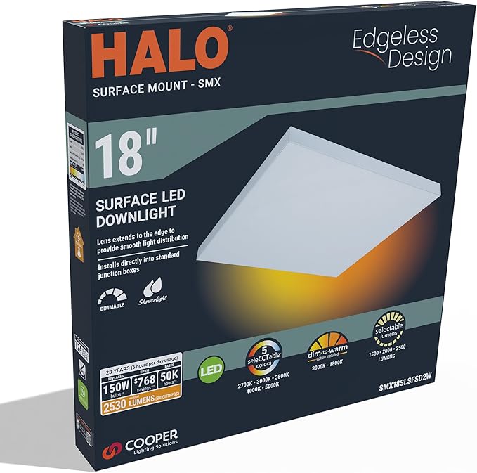 HALO SMX 18-Inch Edgeless Surface Mount LED Downlight w/Selectable Lumens, Color Temperatures, Dimming - Square - SMX18SLSFSD2W