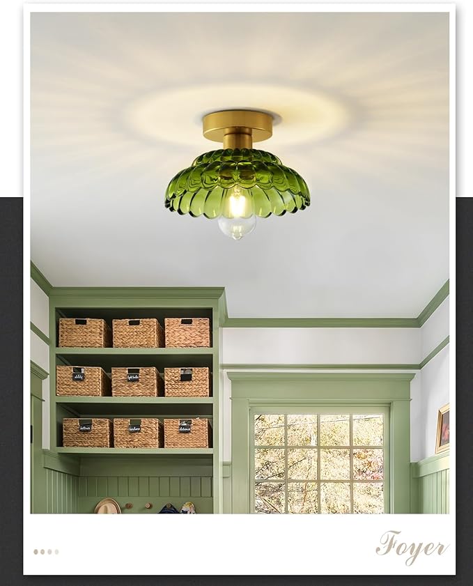 ANYLOVE 10 Inch Green Vintage Glass Semi Flush Mount Ceiling Light, E26 Socket for Bedroom Kitchen Hallway Foyer
