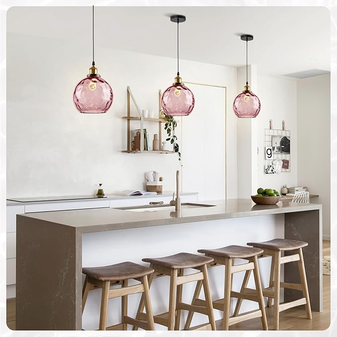 Pink Pendant Light Glass Globe Pendant Lights Kitchen Island Light Fixtures Ceiling Hanging with Hammered Glass Pendant Chandelier Lighting for Dining Room Living Room Girls Bedroom