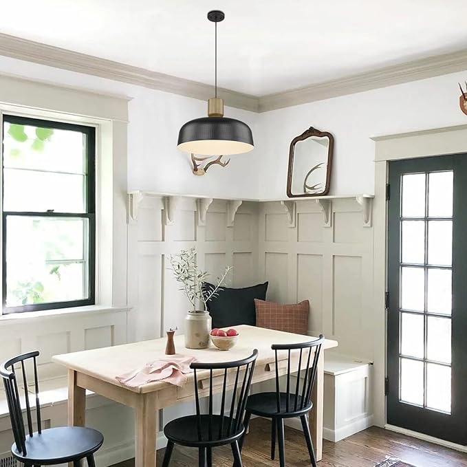 Farmhouse Pendant Lights, Adjustable Hanging Light Fixtures with Hammered Metal Shade, 18.1 Inch Pendant Lighting for Kitchen Island, Black
