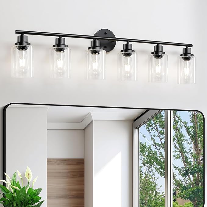 6-Light E26 Black Bathroom Vanity Lights, Modern Bathroom Light Fixtures with Clear Glass Shade, Wall Lamps for Mirror Hallway Kitchen Cabinet Living Room Sconces Lights