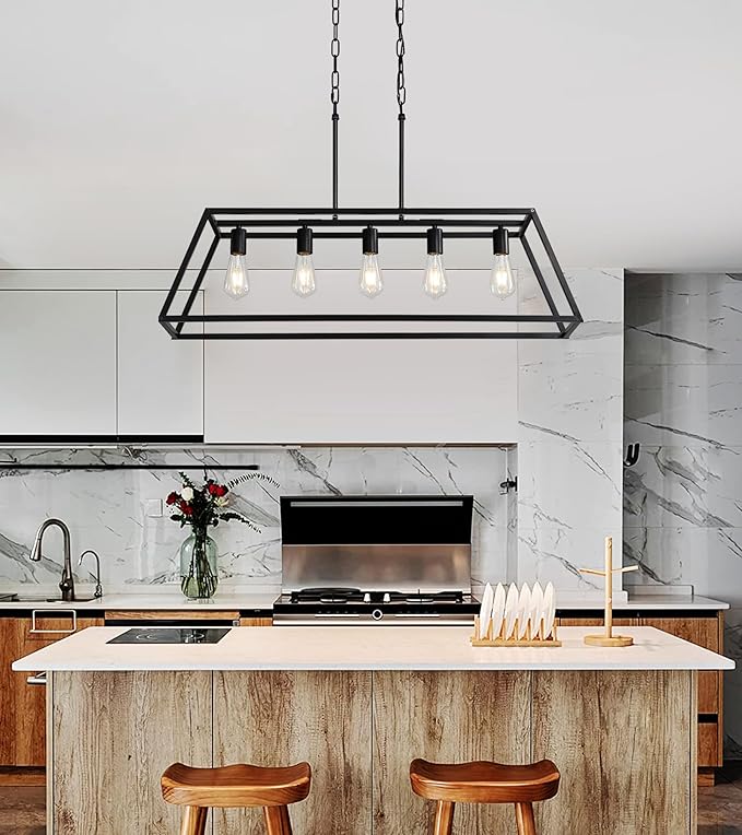 Black 5-Light Farmhouse Kitchen Island Lighting, Modern Industrial Linear Rectangle Chandelier Pendant Light Fixtures, Metal Vintage Cage Chandelier for Dining Room Kitchen Bar Foyer, E26 Base