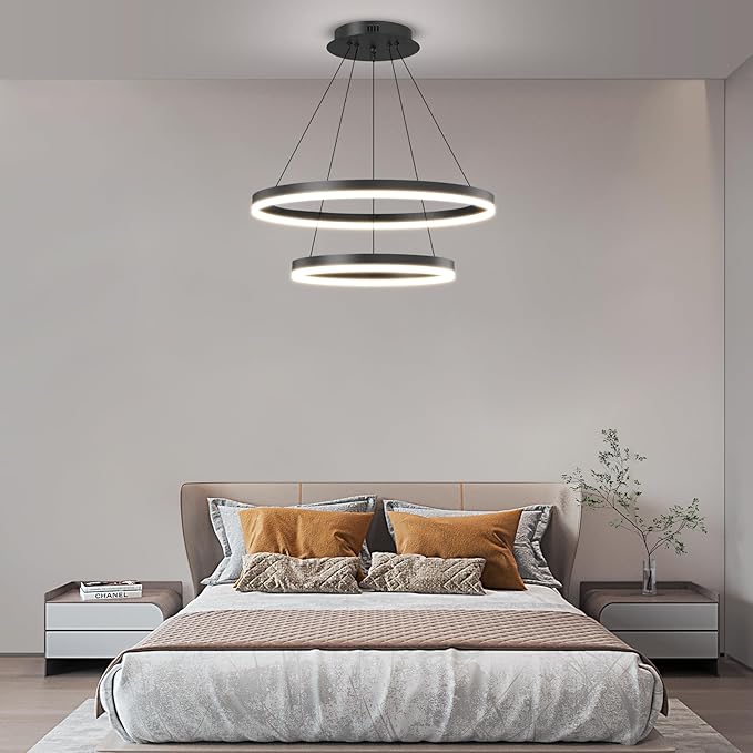 2 Ring Dimmable LED Modern Chandelier, Adjustable Hanging Foyer Pendant Light for Kitchen Island, Living Room, Entryway, 3000K-6500K Black Ceiling Pendant Light Fixture Over Dining Table Lighting