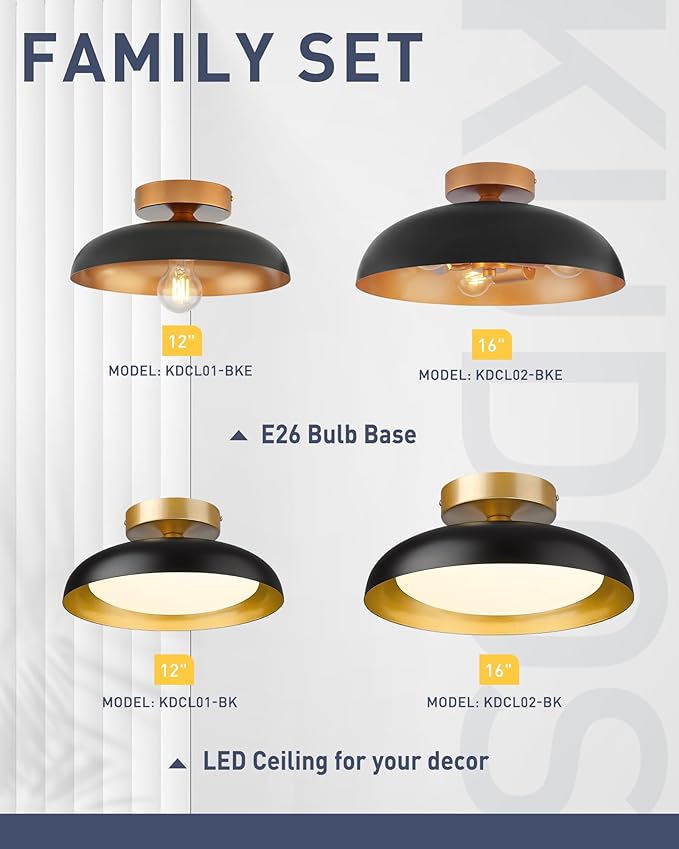 kudos 16 Inch Vintage Flush Mount Ceiling Light,3-Light Farmhouse Ceiling Light, Black Ceiling Light Flush Mount for E26 Base Bedroom Hallway Dressing Room, KDCL02-BKE