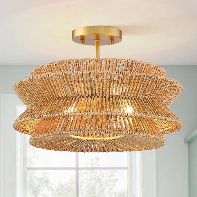 Boho 16''Coastal Rattan Semi Flush Mount Ceiling Light Farmhouse Rattan Ceiling Light Gold Nursery Ceiling Lights for Bedroom Kitchen Entryway Hallway(E26 Base)