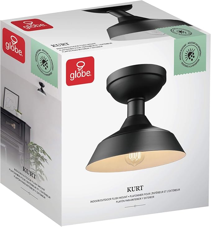 Globe Electric 44677 Kurt 1-Light Outdoor Indoor Flush Mount Ceiling Light, Matte Black, Bulb Not Included
