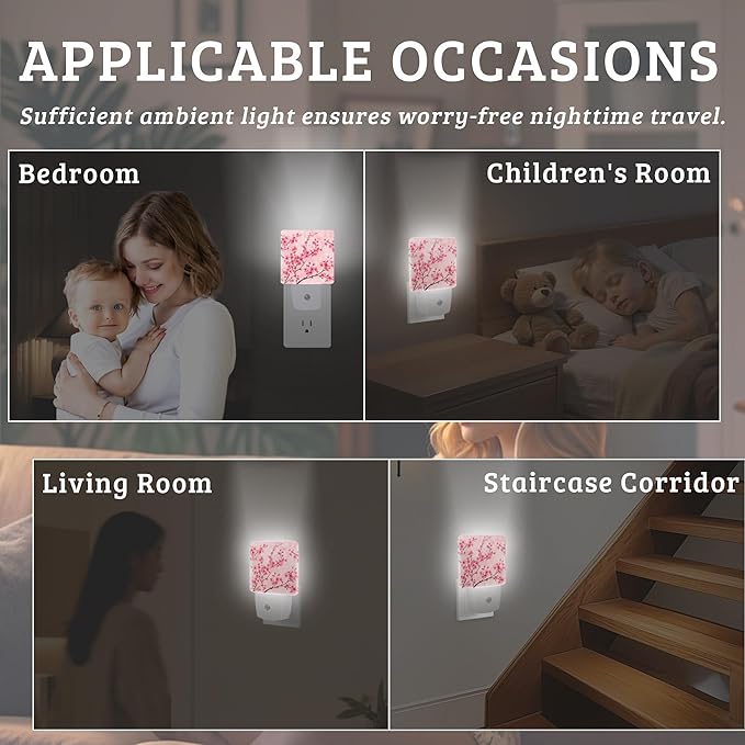 Pink Cherry Blossom Night Light with Dusk to Dawn Light Sensors, Plug-in Wall Led Night Lights, Energy Efficient Lamp for Bedroom,Bathroom,Kitchen,Hallway,Stairs, Gifts Ideal for Girls Women