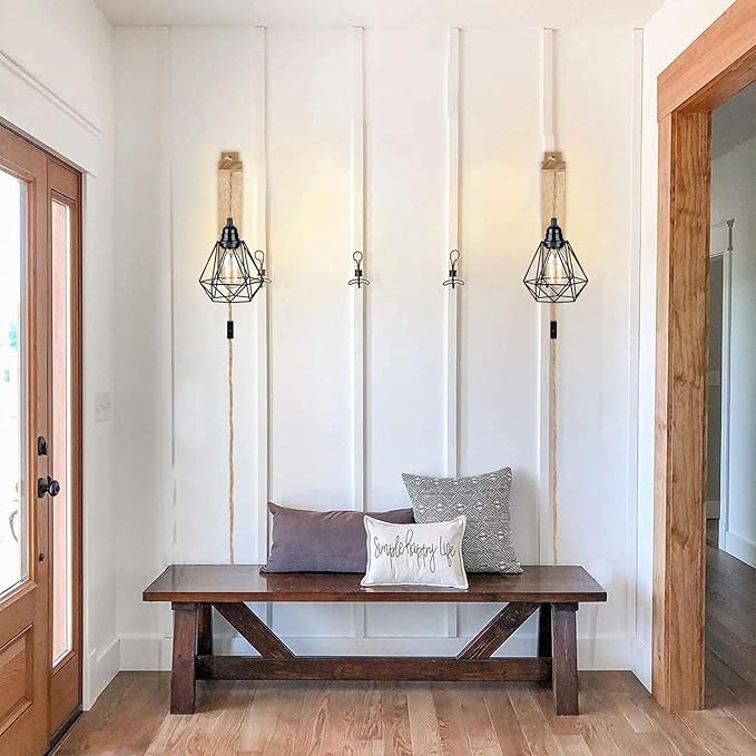 Frideko Wood Plug in Wall Sconces Set of Two, Hanging Lamps that Plug into Wall Outlet, Farmhouse Wall Light Fixtures with 8.21FT On/Off Switch Cord, Indoor Rustic Wall Lamp for Bedroom Living Room