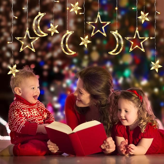 Riakrum 11.48 ft 21 LED Star and Moon String Lights Plug in Christmas Warm White Fairy Light Waterproof Decor for Bedroom USB Powered LED Curtain Light with USB Battery Box Cable Clip Wedding Party