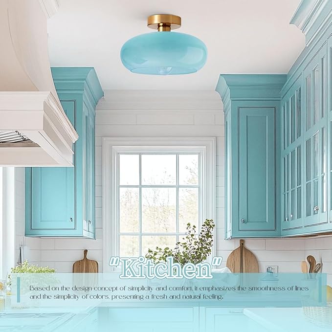 Blue Close to Ceiling Light Fixtures Vintage Flush Mount Ceiling Lights 11" Round Thickened Glass Shade Gold Mid Century Semi Flush Mount Light Hallway Entrance Lighting Fixture