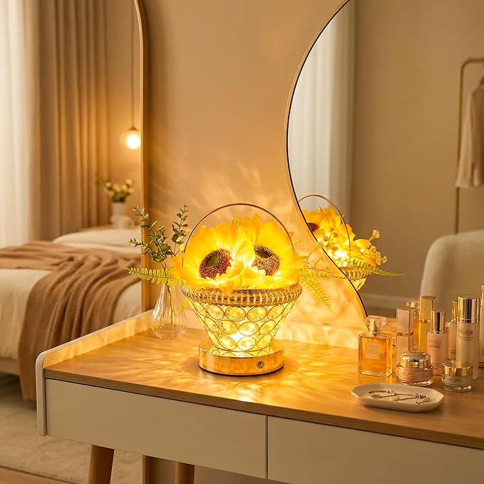 Pearl Sunflower Lamp – Cordless USB-Rechargeable LED Night Light with 3-Color Touch Control, 3D-Printed Flower Table Lamp, Bedroom Reading Light, Dimmable Centerpiece, Birthday Gift for Women