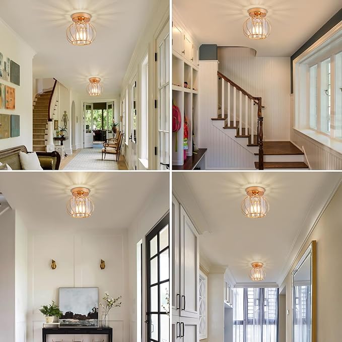 Semi Flush Mount Crystal Ceiling Light, Metal Cage Hallway Ceiling Lamps, Farmhouse Ceiling Light Fixture, Industrial Crystal Chandelier for Corridor Bathroom Kitchen (1, Gold, 7.5 Inch)