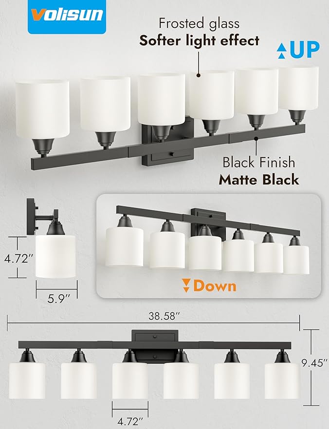VOLISUN Matte Black Bathroom Light Fixtures, 6-Light Bathroom Vanity Lights Over Mirror, Modern Vanity Light for Bathrooms, Bathrooms Lights Fixtures Over Mirror with Milky White Frosted Glass Shades