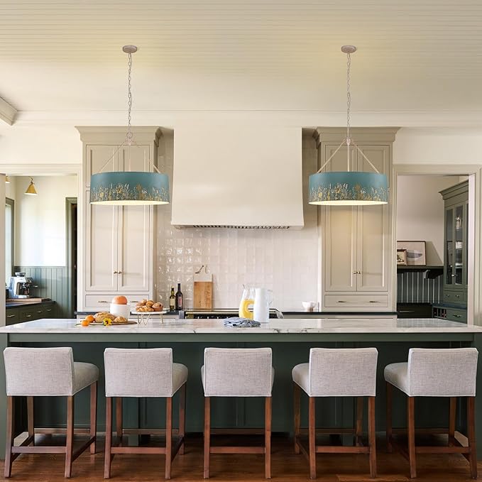 24" Blue Drum Chandelier,6-Light Modern Vintage Pendant Lights with Hand-Brushed Gold Finish,Adjustable Hanging Light Fixture for Dining Room,Kitchen Island,Living Room,Entryway