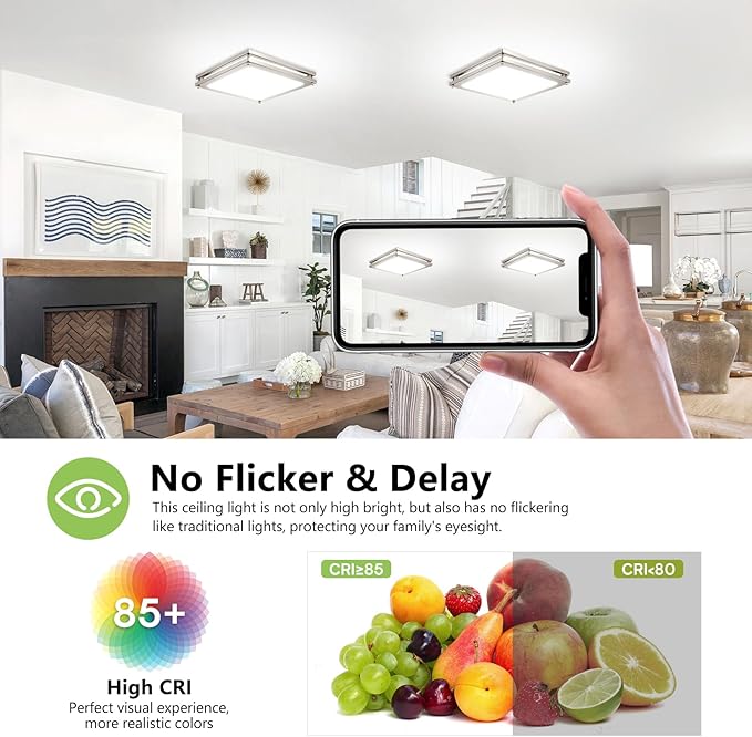 Square Flushmount Ceiling Light - 36W 3000K/3500K/4000K/5000K/6000K Dimmable Bright Led Light for Bathroom Bedroom Kitchen Hallway (2 Pack Brushed Nickel (5CCT), 12 Inch)