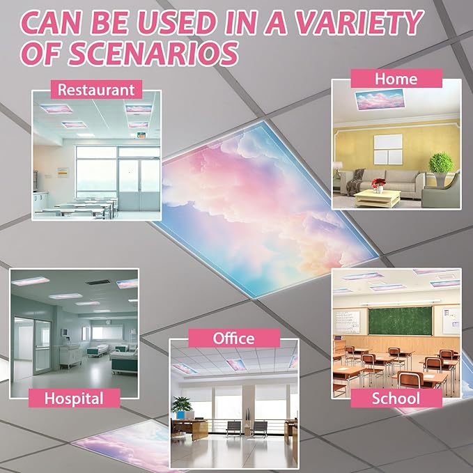 6 Pcs Fluorescent Light Covers with 60 Magnets Decorative for Classroom Ceiling Light 4 x 2 Feet Magnetic Lights Covers Filter Easy Install for Office Hospitals & Home Drop Ceiling Supplies (Cumulus)
