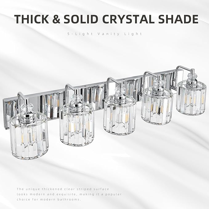 5-Light Modern Bathroom Light Fixture Chrome Bathroom Vanity Lights Over Mirror Wall Sconce Lighting with K9 Crystal Shades E26 Base for Bedroom, Living Room, Hallway Wall Lamp