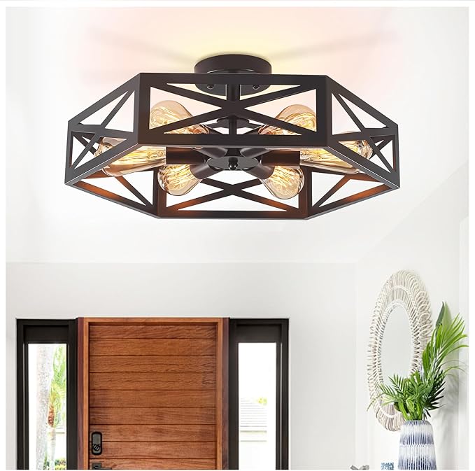 Semi Flush Mount Ceiling Light, Black Large 6-Light Fixtures Ceiling Mount with Hexagon Cage, Metal Industrial Close to Ceiling Light for Hallway, Kitchen, Bedroom (Black, 19.68''L)