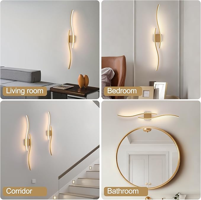 Modern LED Wall Sconce Set of Two, Dimmable Battery Powered Wall Sconces, 3000K-6500K Wireless Wall Light, Rechargeable Wall Lamp Indoor not Hardwired for Room Bedroom Corridor, 39.3in(Gold)
