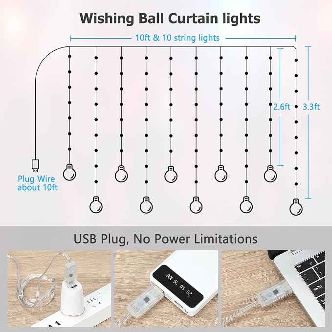 Wishing Ball Curtain Lights, 10ft x 3.3ft RGB LED Color Changing String Fairy Lights Curtain, Smart APP & IR Remote, 200+ Scene Modes for Bedroom Backdrop Indoor Outdoor Christmas Decorations