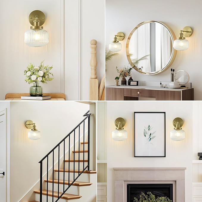 Vintage Wall Sconces with Clear Pumpkin Glass Lampshade, Indoor Bathroom Wall Sconce, Modern Gold Industrial Lighting Fixture for Mirror Living Room Hallway 1 Pack