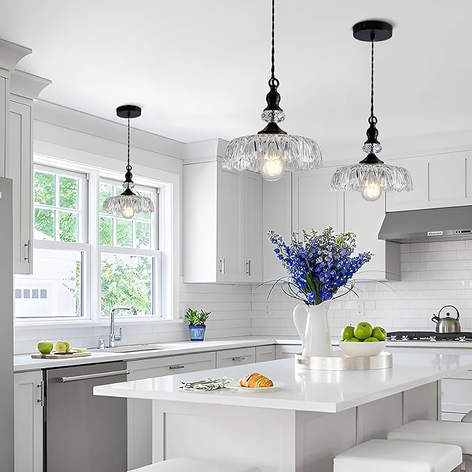 CVKASH Vintage Glass Pendant Light Fixture Black Modern Adjustable Chandelier Hanging Light for Farmhouse Dining Room Kitchen Bedroom Hallway Island