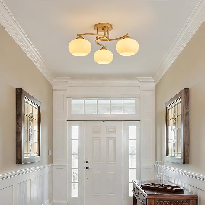 Semi Flush Mount Ceiling Light Fixture,Vintage Modern Gold Globe Sputnik Chandeliers 3-Light Mid Century Milk Glass Chandelier for Dining Room Kitchen Island Bedroom Living Room Entryway