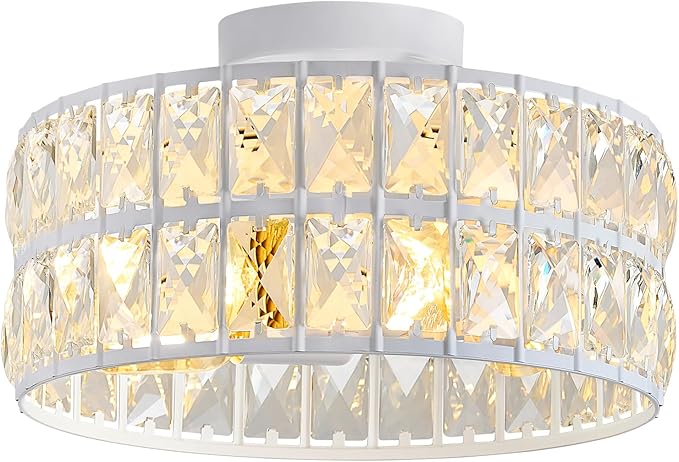 HuixuTe Modern Bedroom Light Fixtures Ceiling, 12.5" Round Drum Crystal Chandelier 3-Light, White Semi Flush Mount Ceiling Light for Dining Room Kitchen Hallway Living Room