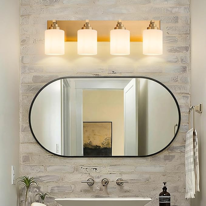 Bathroom Vanity Light Fixture, 4-Light Brushed Gold Bathroom Light Fixtures Over Mirror with Milky White Glass Shades, Modern Vanity Lights for Bathroom Living Room Hallway (Bulbs Not Included)