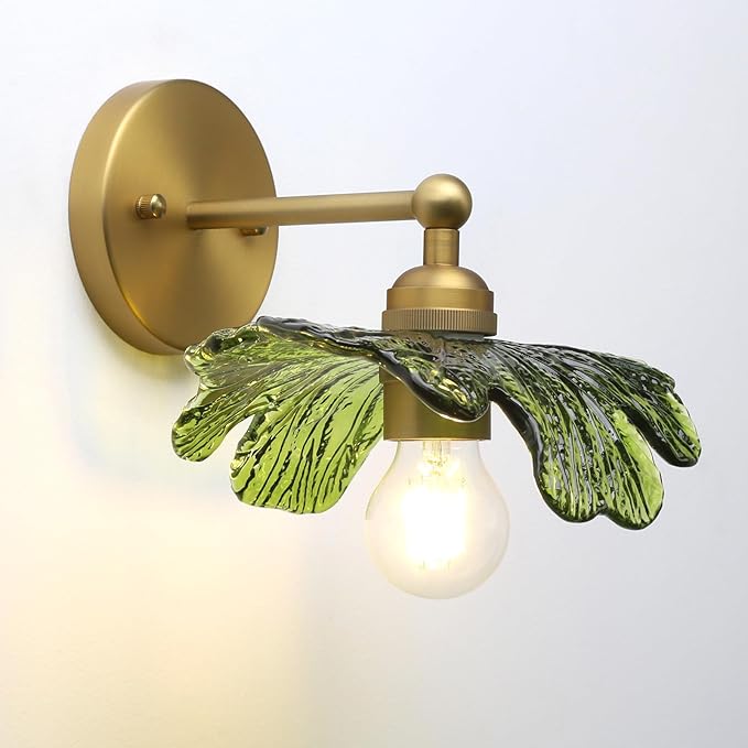 Pathson Vintage Wall Sconce Green Flower Glass, Hardwired Bathroom Sconce Boho Brass Wall Vanity Light for Living Room, Kitchen Sink, Bedroom, Farmhouse Lamp