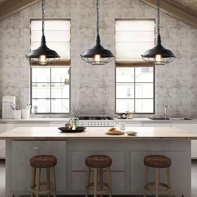 Industrial Pendant Lights 2 Pack Farmhouse Pendant Lights with Adjustable Chain, D10.2 Rustic Pendant Lighting Barn Black Metal Hanging Lights with Wire Cage for Kitchen Island Dining Room
