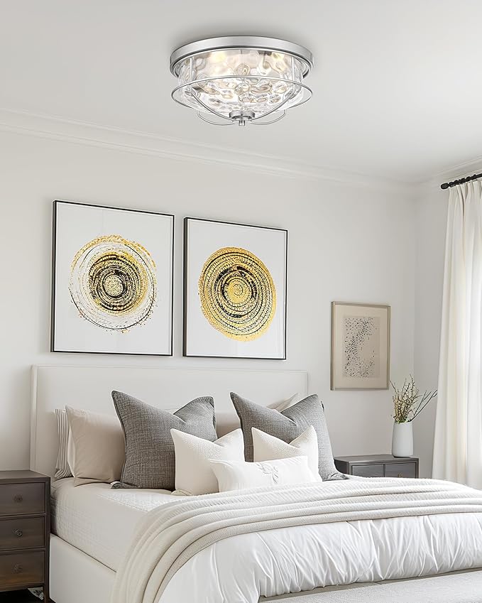 15 Inch Ceiling Light Fixtures, HWH 3-Light Modern Flush Mount Light with Brushed Nickel Finish, Water Ripple Hammered Glass Ceiling Lights for Kitchen Hallway Foyer, 5HTJ102WG-F BN