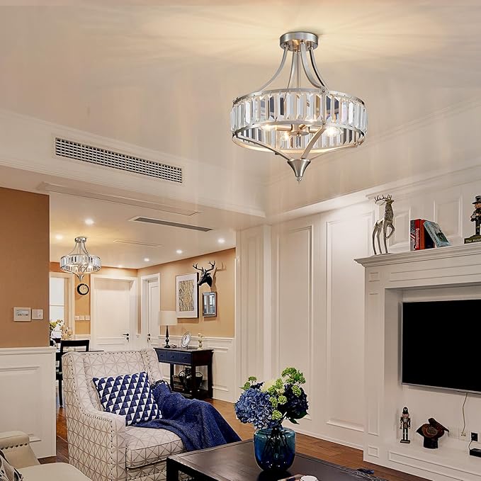 Modern Nickel Chandelier 4-Light Crystal Ceiling Light Fixtures 16 inches Flush Mount Lamp Suit for Living Room Kitchen Island Dining Room Foyer