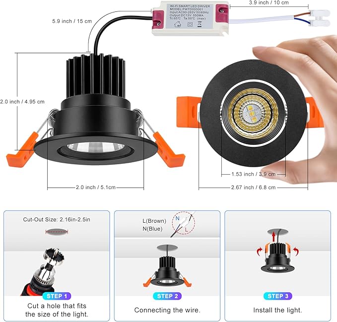 2 Inch Smart Recessed Lighting, 5W RGB WiFi LED Downlight, Dimmable RGB Color Changing & CCT 2700K–6500K, Compatible with Alexa & Google Home, 120V Round Ceiling Light & Driver (Black, 1 Pack)
