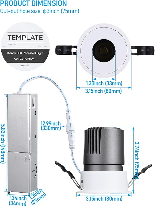 TORCHSTAR 3 Inch 5CCT LED Pinhole Recessed Lights with J-Box, 30° Ultra-Narrow Trim Recessed Ceiling Spotlight, IC Rated, Dimmable, Anti-Glare, CRI 90, 2700-5000K, ETL FCC, Pack of 4