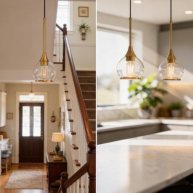 Kitchen Island Linear Pendant Light, 1-Pack 1-Light Gold Pendant Light, Brushed Gold Glass Globe Hanging Light Fixture for Dining Room, Over Table, Bar
