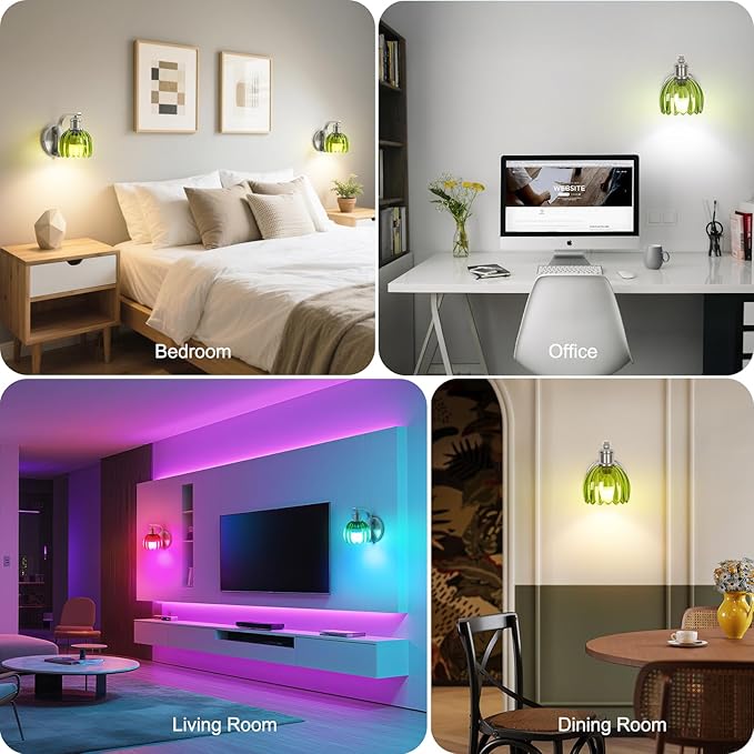 VerRon Rechargeable Battery Operated Wall Sconce with Green Glass Lampshade, Wireless Wall Scone Decor with Remote Control, 15 Colors Brushed Nickle Wall Light for Bedside Hallway Bedroom Doorway