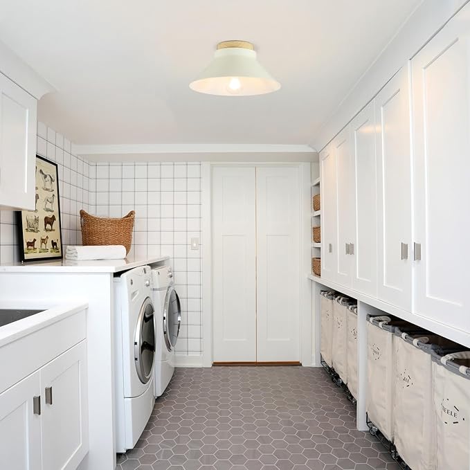 11.8'' Modern Ceiling Light Fixtures, Cream White Metal Flush Mount Light Fixtures with Natural Wood Accent, Farmhouse Semi Flush Mount Ceiling Lights for Kitchen, Hallway, Entryway,Laundry Room