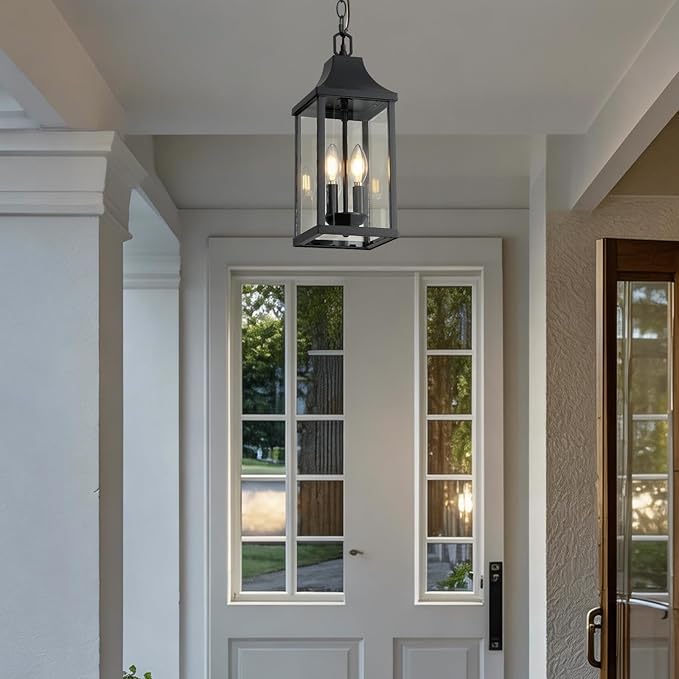 Outdoor Pendant Light Fixtures, 16'' Exterior Hanging Lantern Porch Light, Black Adjustable Hanging Lamp Farmhouse Exterior Chandelier Ceiling Mount for Entrance Patio