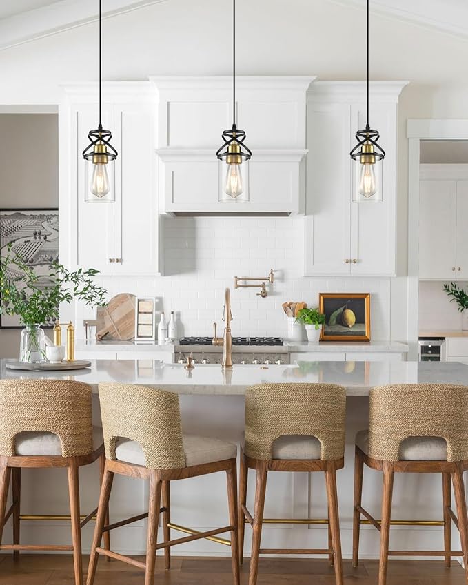 Modern Pendant Light Fixture, Black Gold Farmhouse Hanging Light for Kitchen Island, Industrial Clear Glass Pendant Lighting for Dining Room Bedroom, 3-Pack