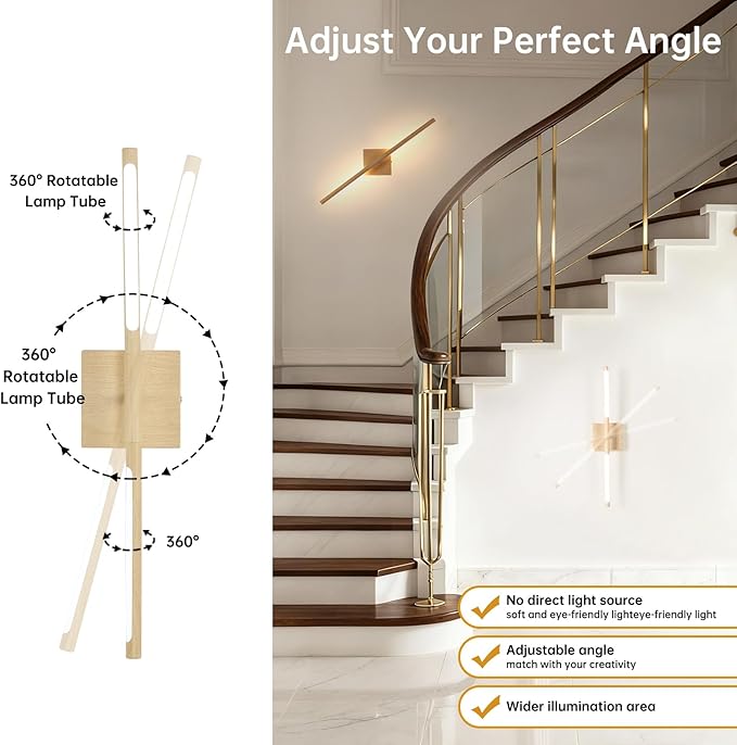 Shenmoyl Battery Operated Wall Sconce Set of 2, 8000mAh Rechargeable Wall Sconces, 3000K-6000K Dimmable, 350°Rotate, Indoor Wall Lights for Bedroom Living Room, Original Wood, 23.6 Inch