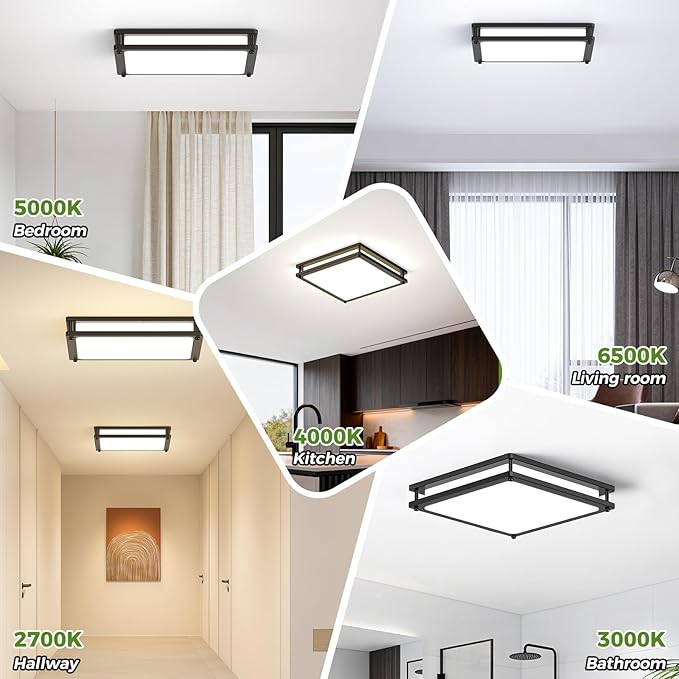 2-Pack 13 Inch Flush Mount LED Ceiling Light Fixtures, 36W 3200 Lumens Black Square Dimmable Ceiling Light, 2700K/3000K/4000K/5000K/6500K Adjustable Modern LED Lights for Bedroom Kitchen Bathroom